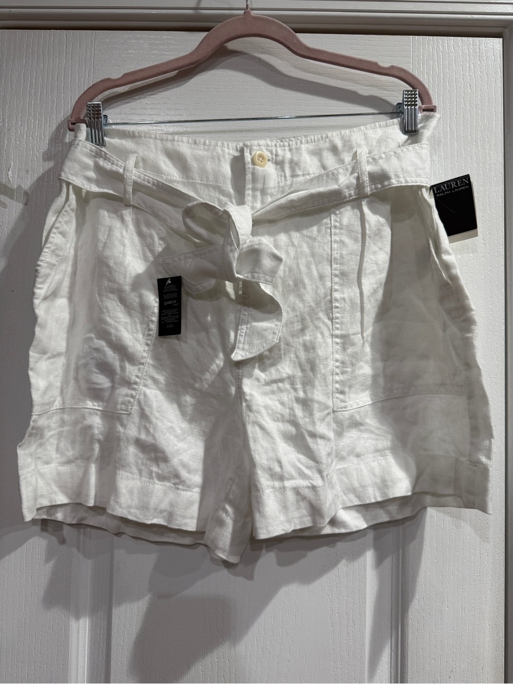 Ralph Lauren Women White High-Waist Tie-Belt Linen-Blend Shorts